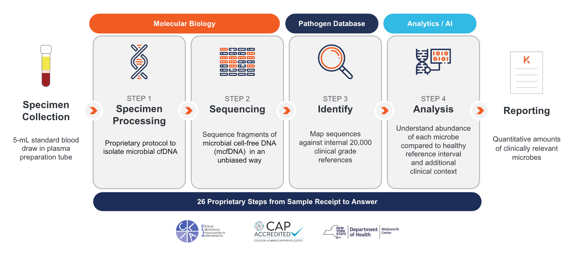 Karius test workflow: mcfDNA sequencing, pathogen identification, and quantitative reporting across 26 proprietary steps